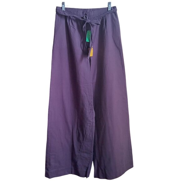 Medium 13-14 Vintage 1970's Ture Boho Wide-Leg Purple Linen Pants Belt Tie India - Picture 1 of 8